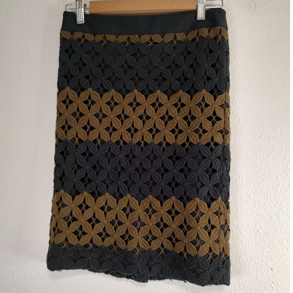 Loft Black Brown Striped Crochet Overlay Stretch Zip Back Pencil Skirt Size 0